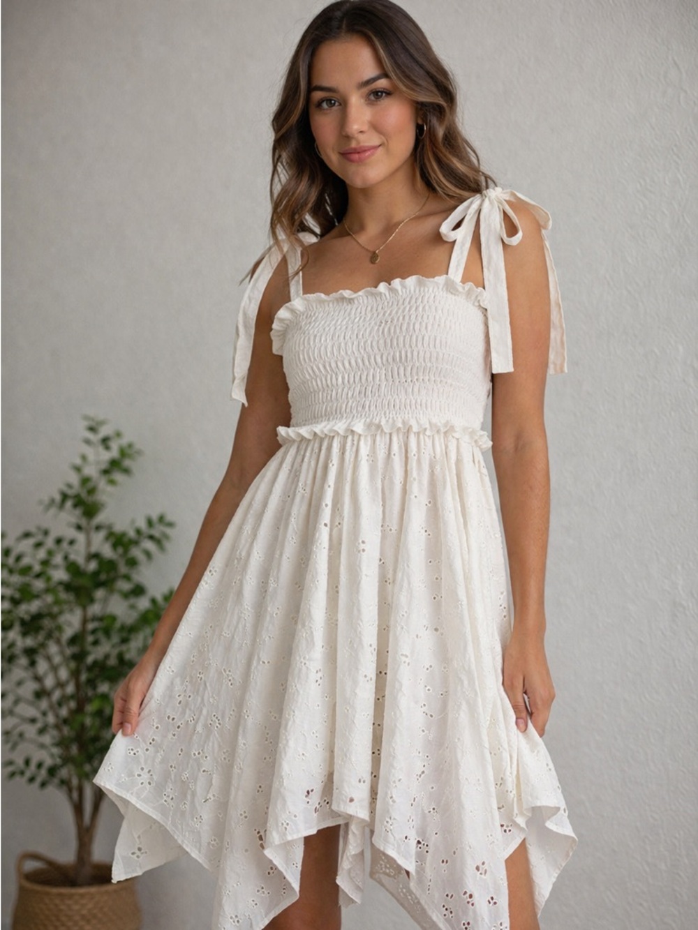 Here’s a polished version of your VENUS Cream Smocked Tie Front Sundress NWT - Picture 2 of 6